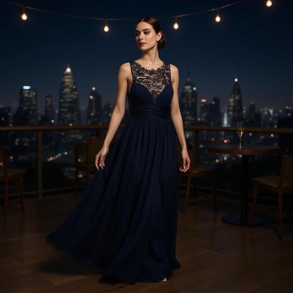 Aidan Mattox Black Illusion Neckline Lace & Silk Chiffon Gown Sz 6 Party Formal - Picture 2 of 16